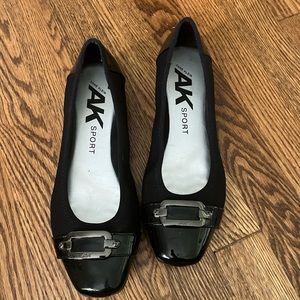 Black leather Anne Klein Sport low wedge, size 9